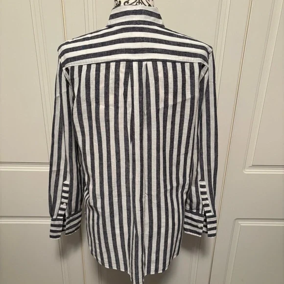 H&M L.O.G.G. navy/white striped LINEN blend button up shirt women's size 4 - Picture 5 of 9